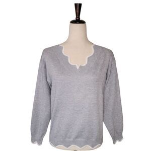 Misslook Marbled Gray And White Scalloped V-neck Wool Sweater Size M